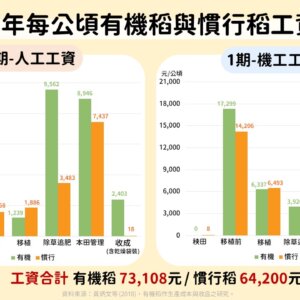 2016年有機稻與慣行稻每公頃平均工資比較
