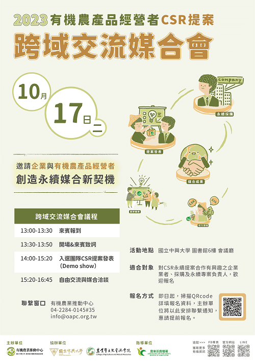 「2023有機農產品經營者CSR提案跨域交流媒合會」活動海報 2
