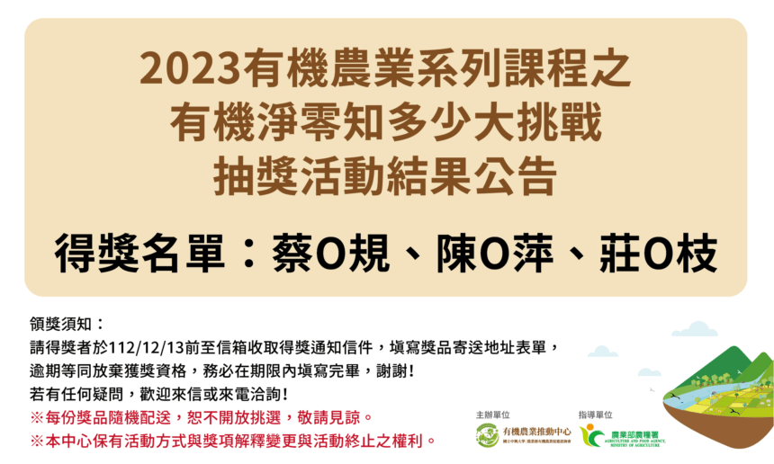 2023 有機農業系列課程之有機淨零知多少大挑戰 得獎名單公告 上架稿